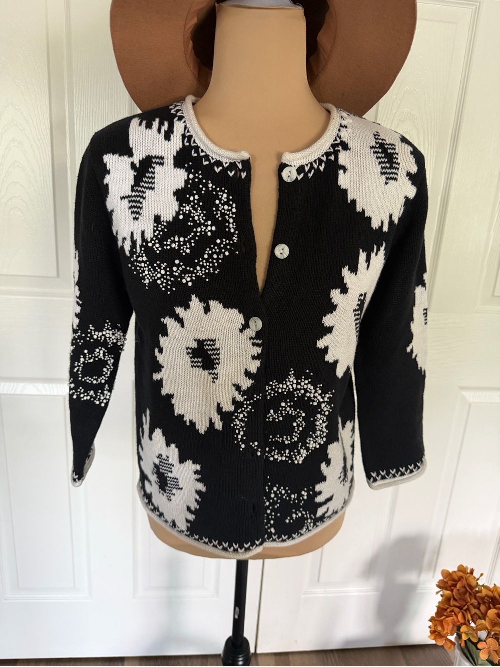 Fisher Hill Black and White Floral Cotton knit Cardigan